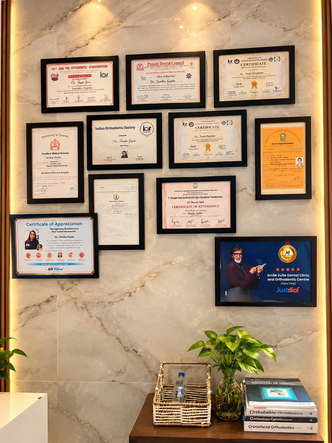 Professional certificates displayed inside Smile Suite Dental Clinic