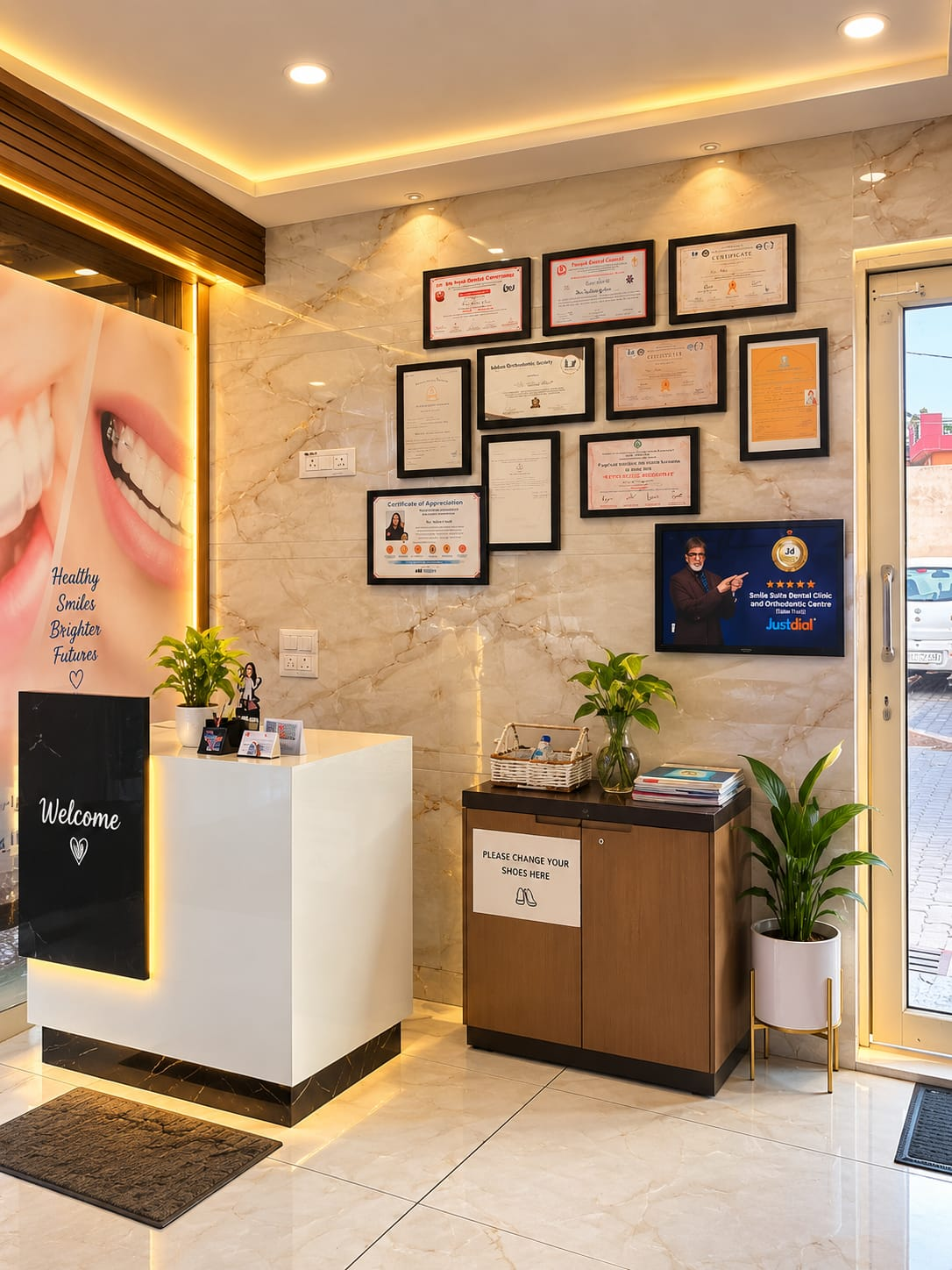 Reception desk and professional credentials at Smile Suite Dental Clinic