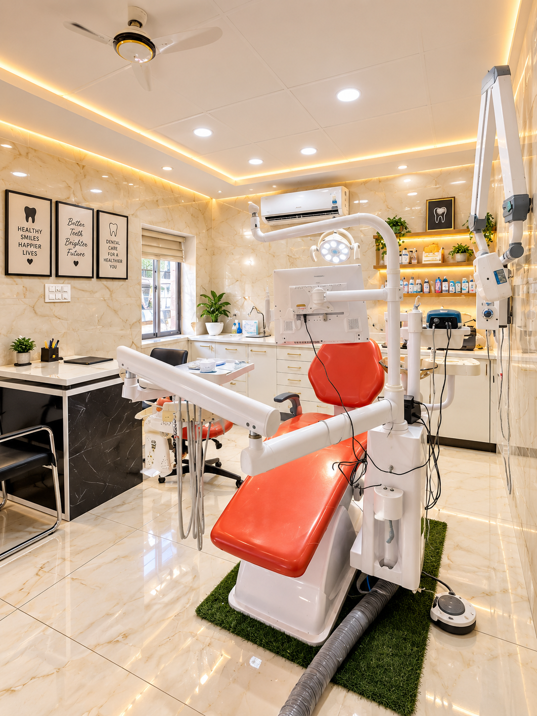 Bright clinic interior with dental chair, warm lighting and wall art