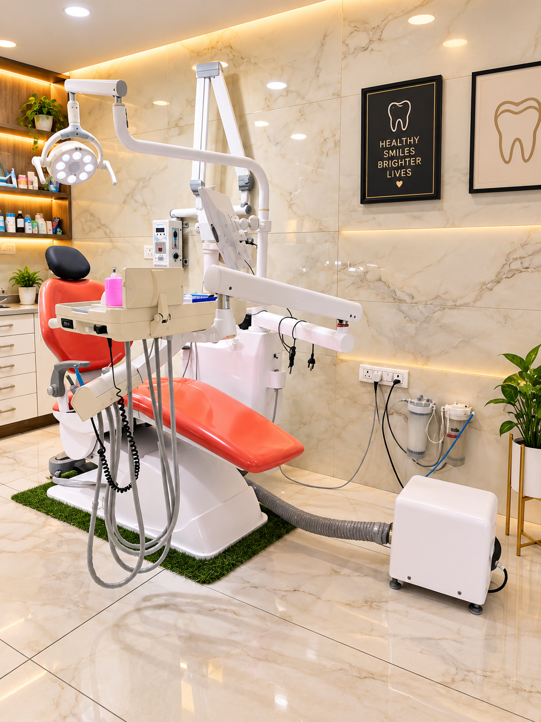 Treatment room at Smile Suite Dental Clinic with a modern dental chair and marble walls
