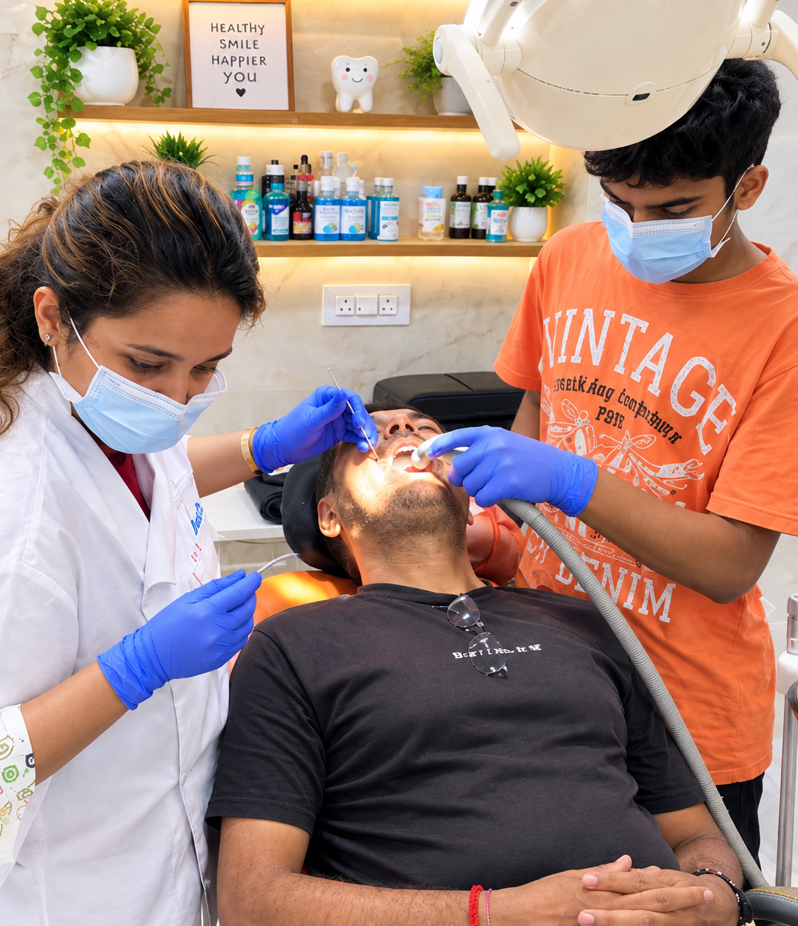 Dental treatment in progress at Smile Suite Dental Clinic with the clinical team wearing blue hand gloves